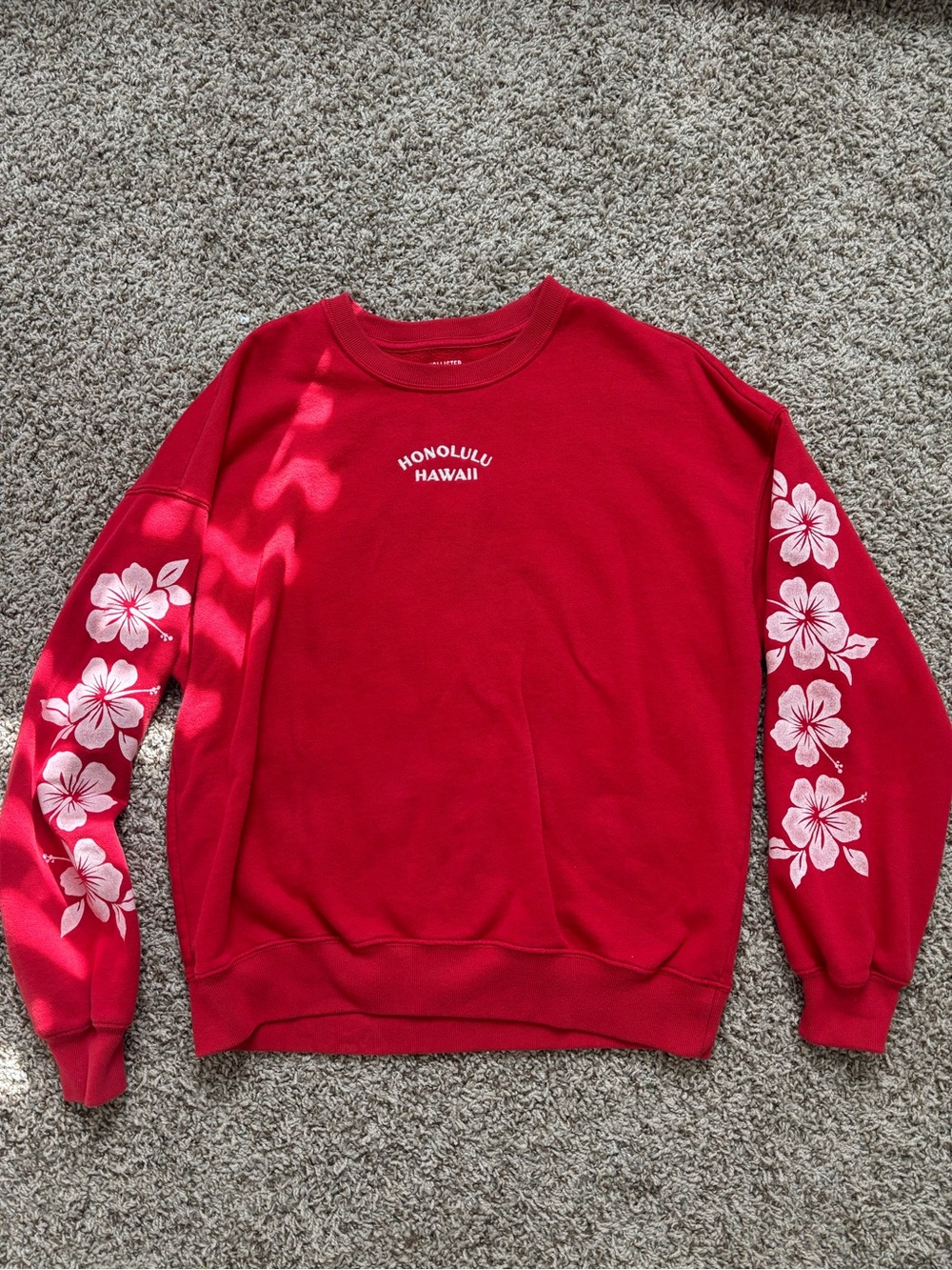 Hollister Red 'Honolulu Hawaii' Crewneck with White Floral Sleeves